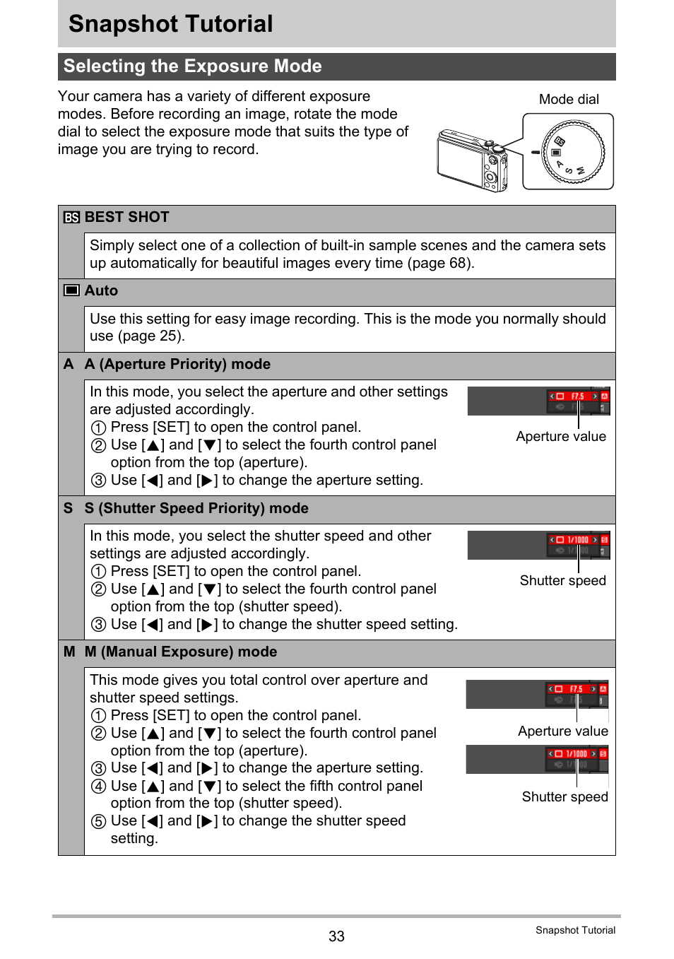 Snapshot tutorial, Selecting the exposure mode | Casio EXILIM EX-FH100 User Manual | Page 33 / 203