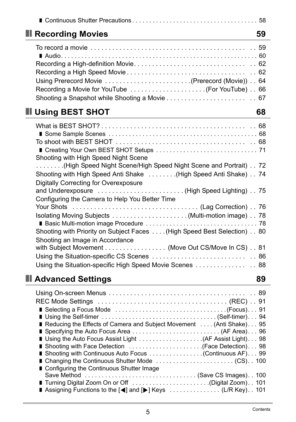 Recording movies 59, Using best shot 68, Advanced settings 89 | Casio EXILIM EX-FH100 User Manual | Page 5 / 203