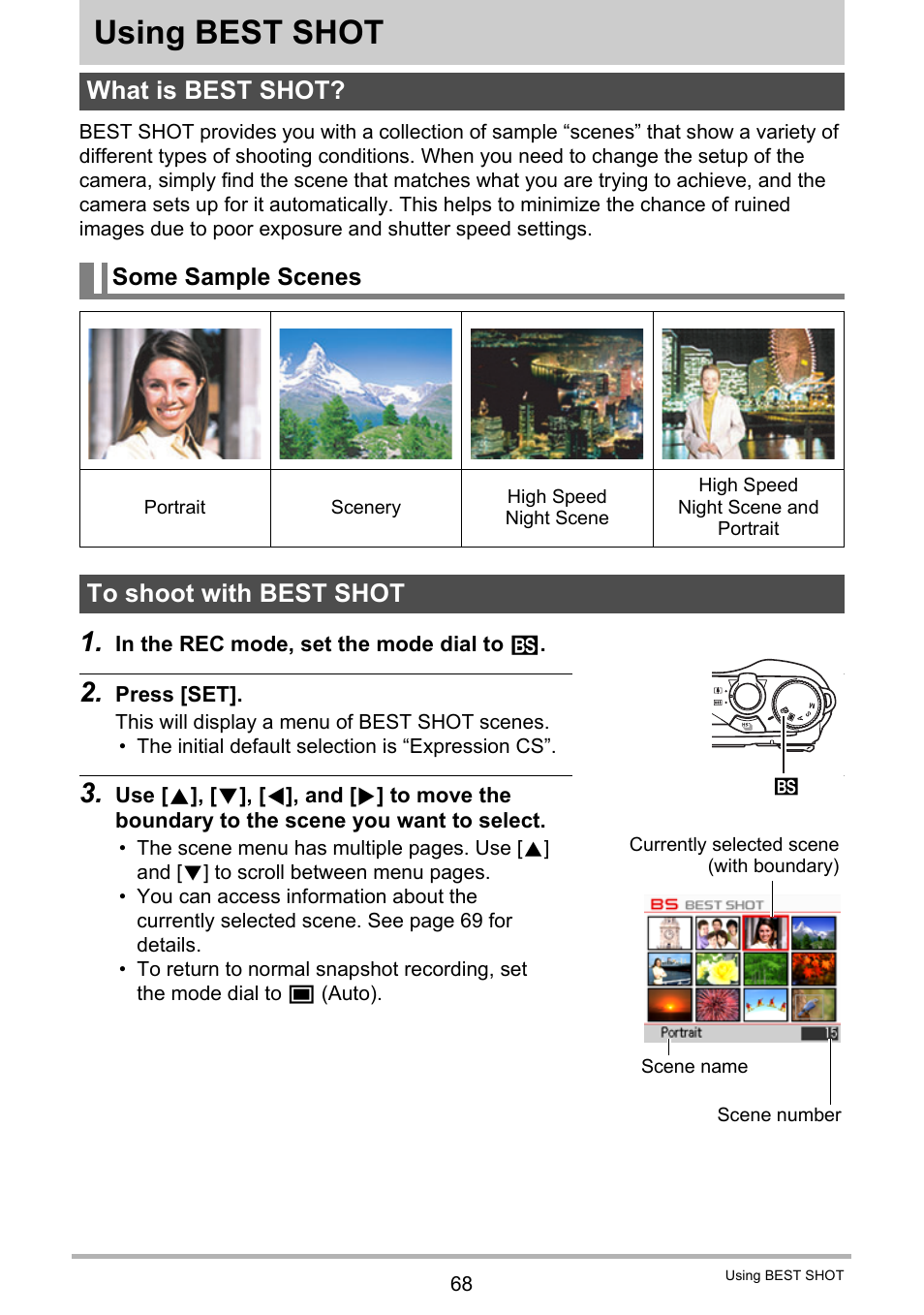 Using best shot, What is best shot, Some sample scenes | To shoot with best shot | Casio EXILIM EX-FH100 User Manual | Page 68 / 203