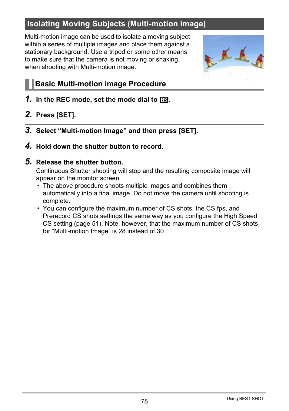 Isolating moving subjects (multi-motion image), Basic multi-motion image procedure | Casio EXILIM EX-FH100 User Manual | Page 78 / 203