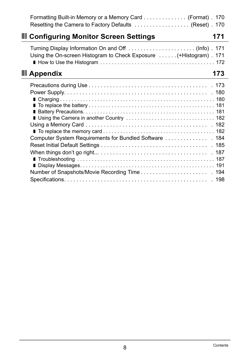 Configuring monitor screen settings 171, Appendix 173 | Casio EXILIM EX-FH100 User Manual | Page 8 / 203