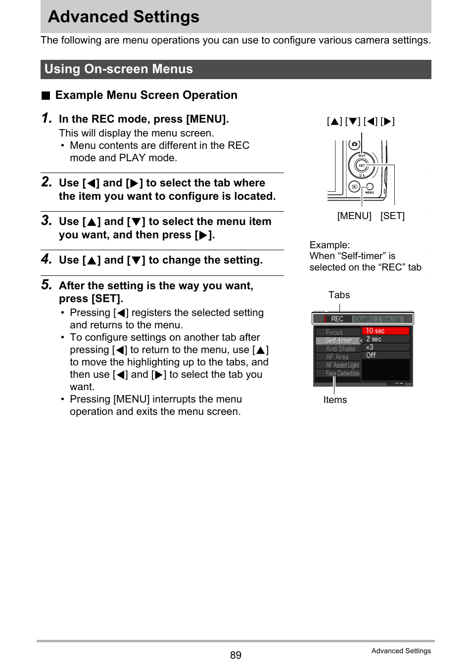 Advanced settings, Using on-screen menus | Casio EXILIM EX-FH100 User Manual | Page 89 / 203