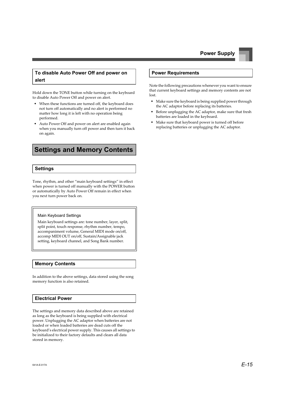 E-15 power supply | Casio Adaptor User Manual | Page 17 / 33