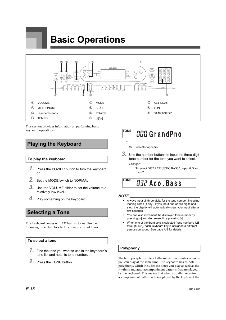 Basic operations, Playing the keyboard, Selecting a tone | Casio Adaptor User Manual | Page 20 / 33