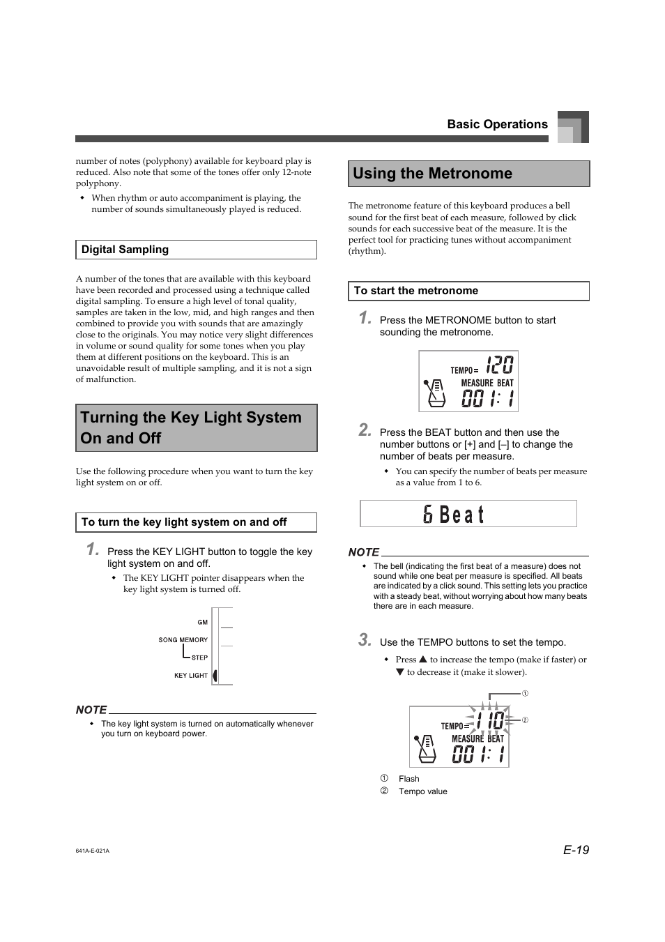 Turning the key light system on and off, Using the metronome | Casio Adaptor User Manual | Page 21 / 33