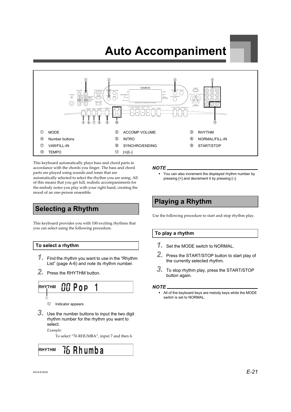 Auto accompaniment, Selecting a rhythm, Playing a rhythm | Casio Adaptor User Manual | Page 23 / 33