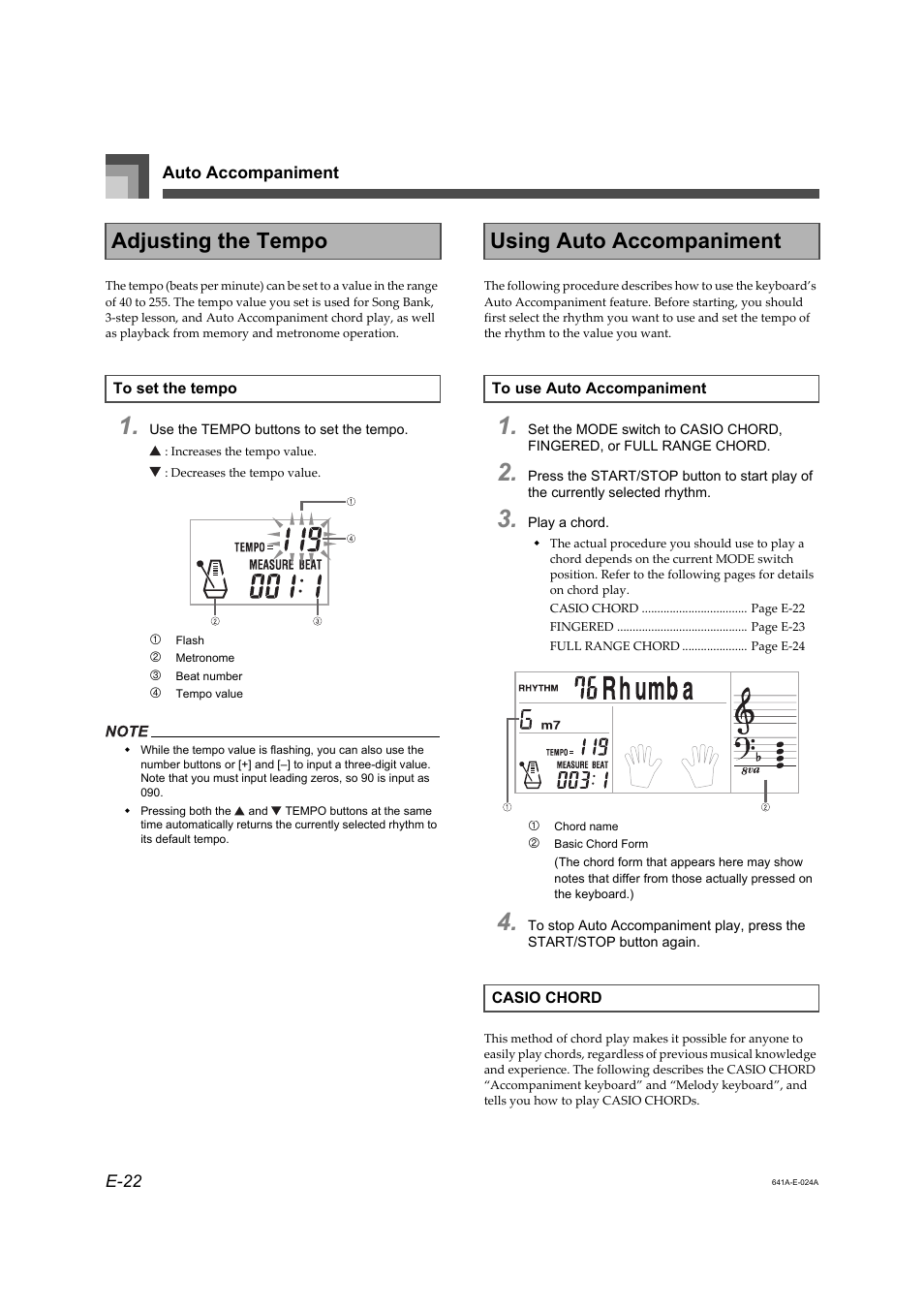 Adjusting the tempo, Using auto accompaniment | Casio Adaptor User Manual | Page 24 / 33