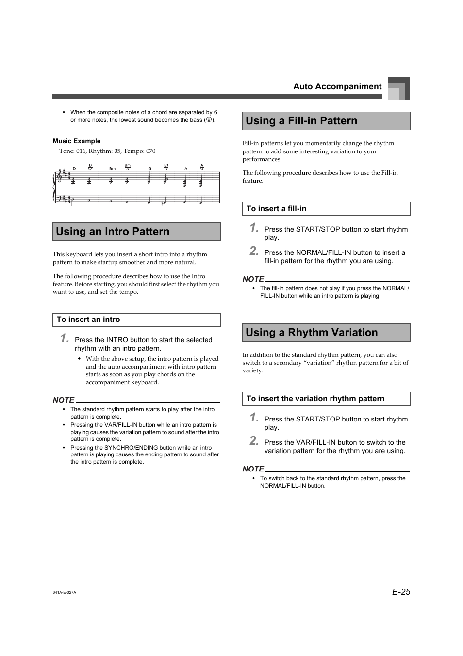 Using an intro pattern, Using a fill-in pattern, Using a rhythm variation | Casio Adaptor User Manual | Page 27 / 33