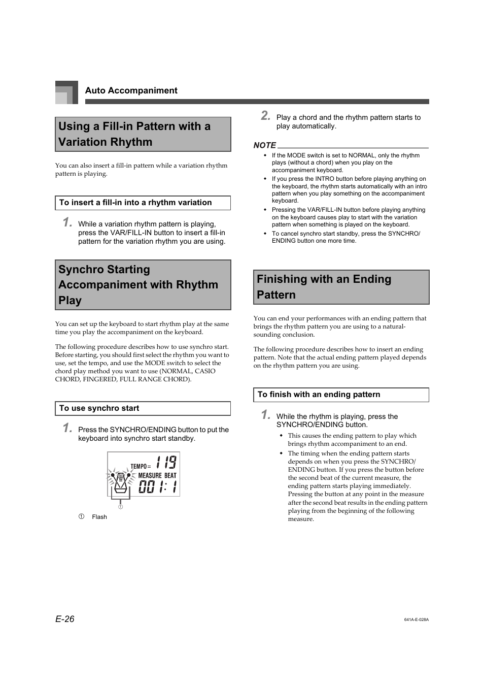 Using a fill-in pattern with a variation rhythm, Synchro starting accompaniment with rhythm play, Finishing with an ending pattern | Casio Adaptor User Manual | Page 28 / 33