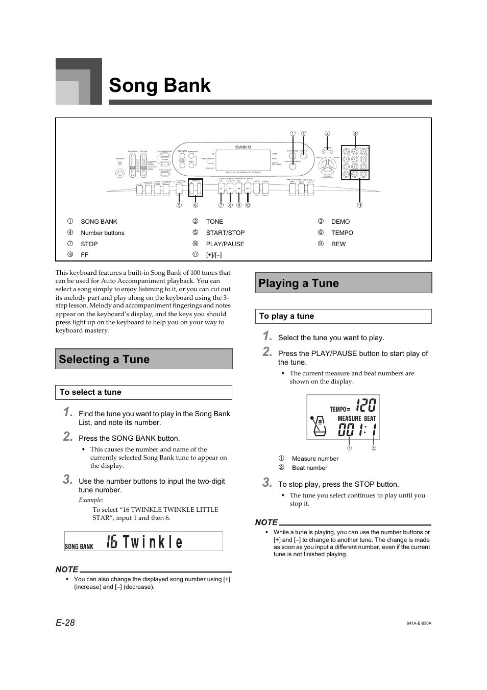 Song bank, Selecting a tune, Playing a tune | Casio Adaptor User Manual | Page 30 / 33