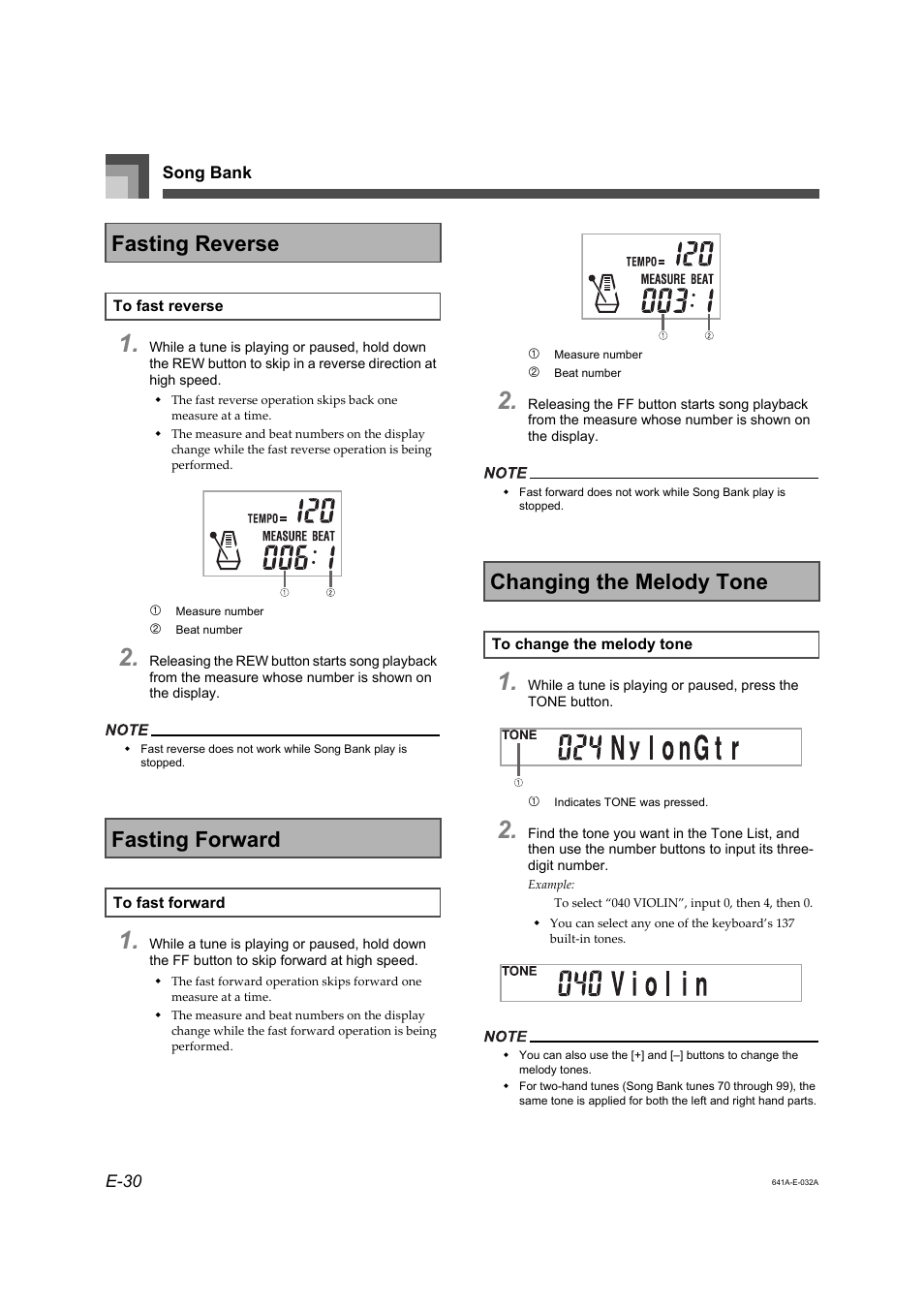Fasting reverse, Fasting forward, Changing the melody tone | Casio Adaptor User Manual | Page 32 / 33