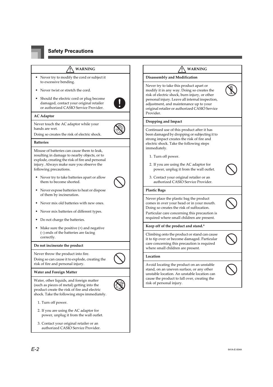 Safety precautions e-2 | Casio Adaptor User Manual | Page 4 / 33