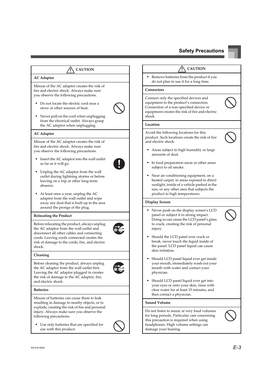 E-3 safety precautions | Casio Adaptor User Manual | Page 5 / 33