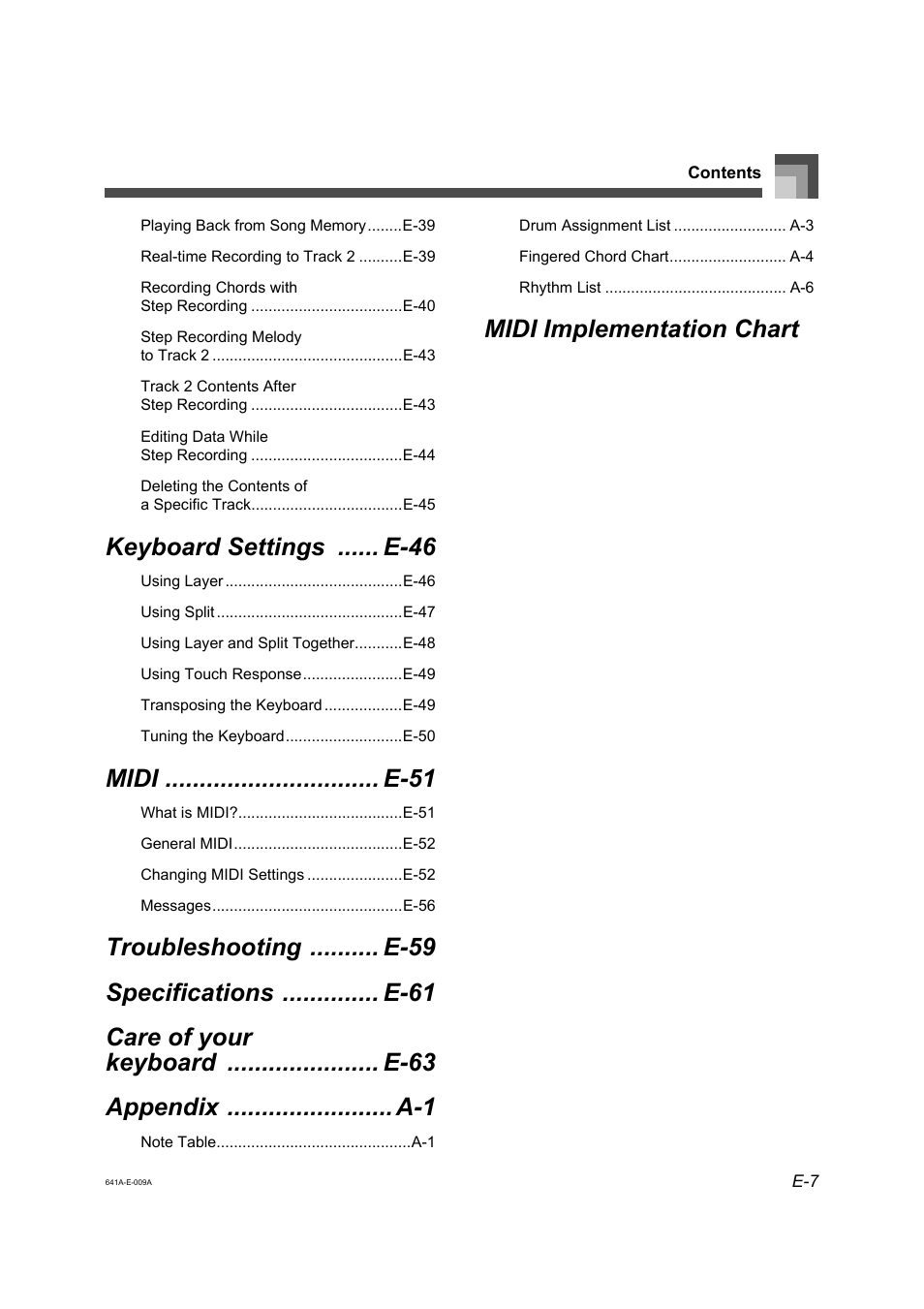 Keyboard settings ...... e-46, Midi ............................... e-51, Midi implementation chart | Casio Adaptor User Manual | Page 9 / 33