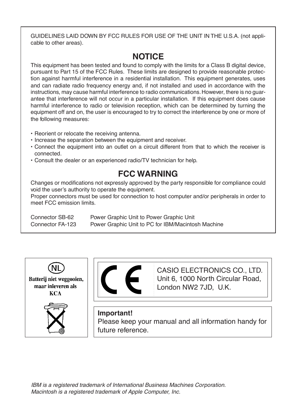 Notice, Fcc warning | Casio ALGEBRA FX User Manual | Page 2 / 24