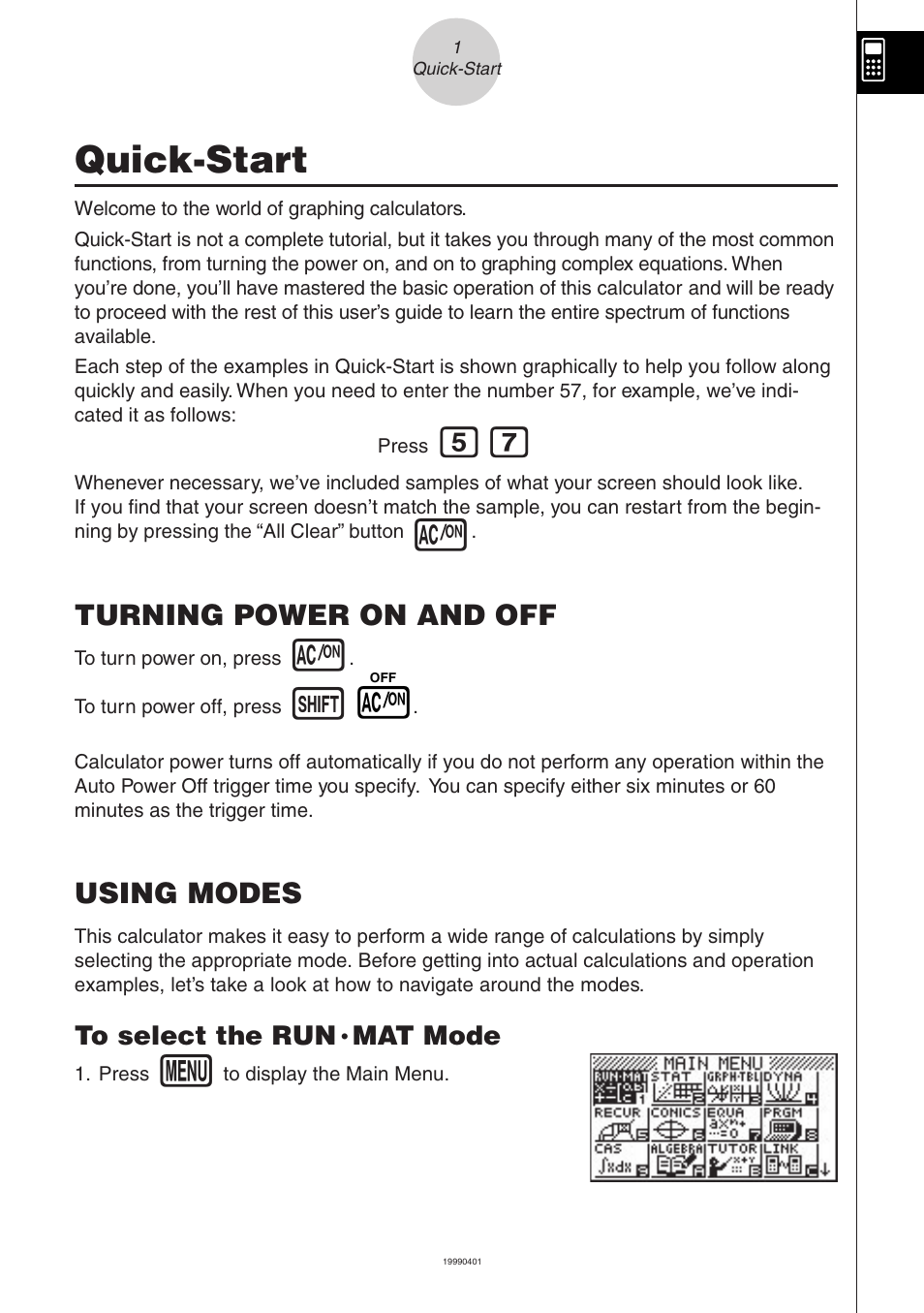 Quick-start, Turning power on and off, Using modes | Mat mode | Casio ALGEBRA FX User Manual | Page 6 / 24