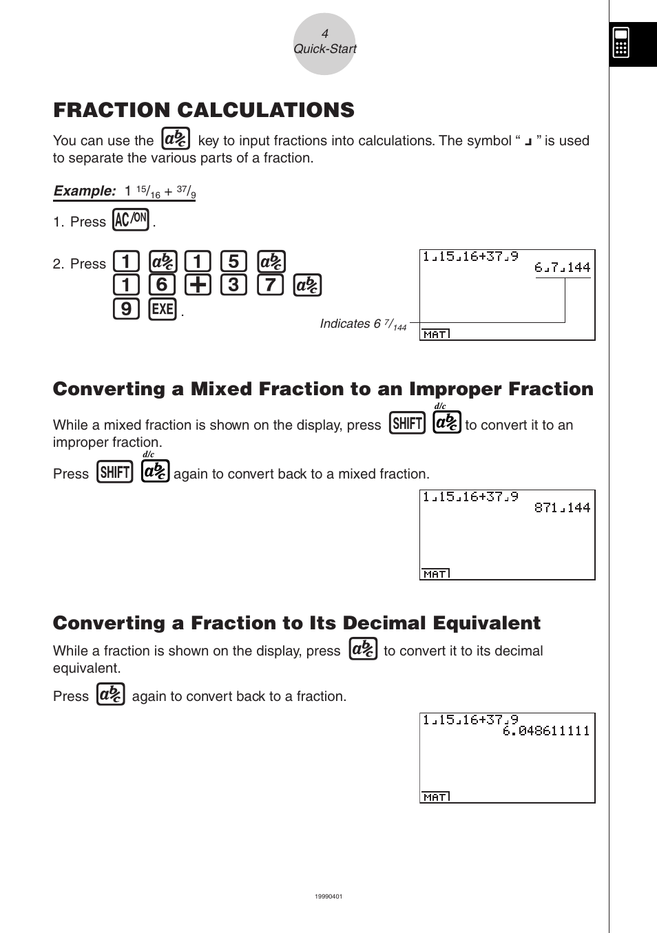 B$bf$ bg+dh $ j w, Fraction calculations, Converting a fraction to its decimal equivalent | Casio ALGEBRA FX User Manual | Page 9 / 24