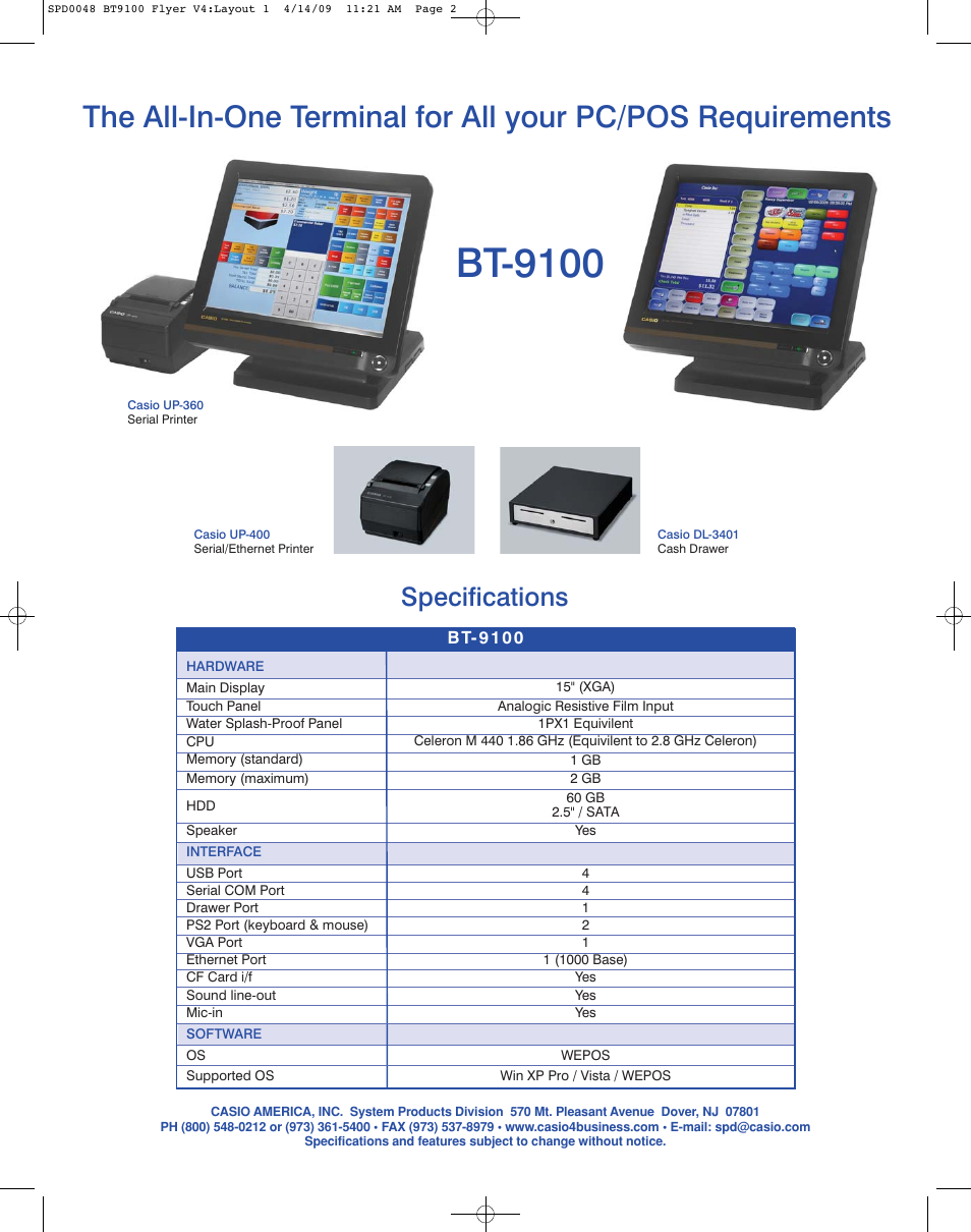 Bt-9100, Specifications | Casio BT-9100 User Manual | Page 2 / 2