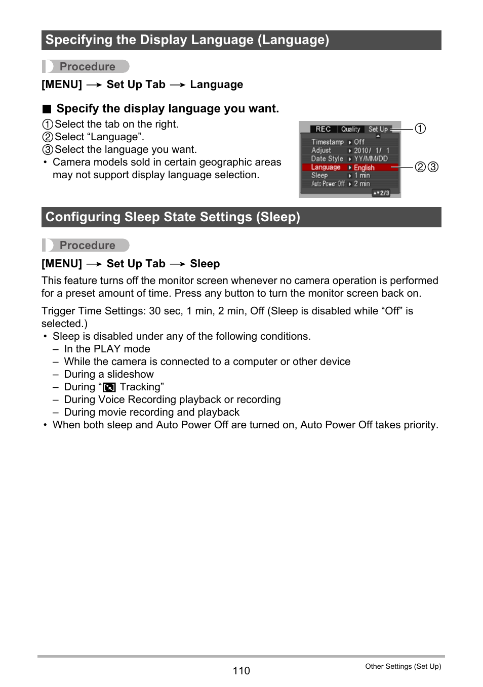 Specifying the display language (language), Configuring sleep state settings (sleep), E 110). n | Casio EXILIM EX-Z35 User Manual | Page 110 / 143