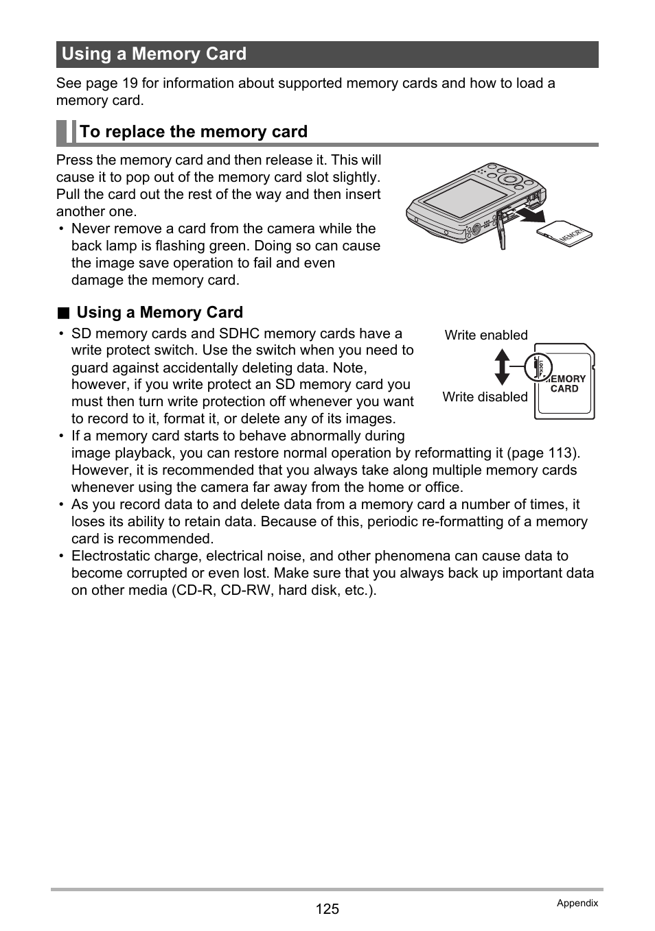 Using a memory card, To replace the memory card | Casio EXILIM EX-Z35 User Manual | Page 125 / 143