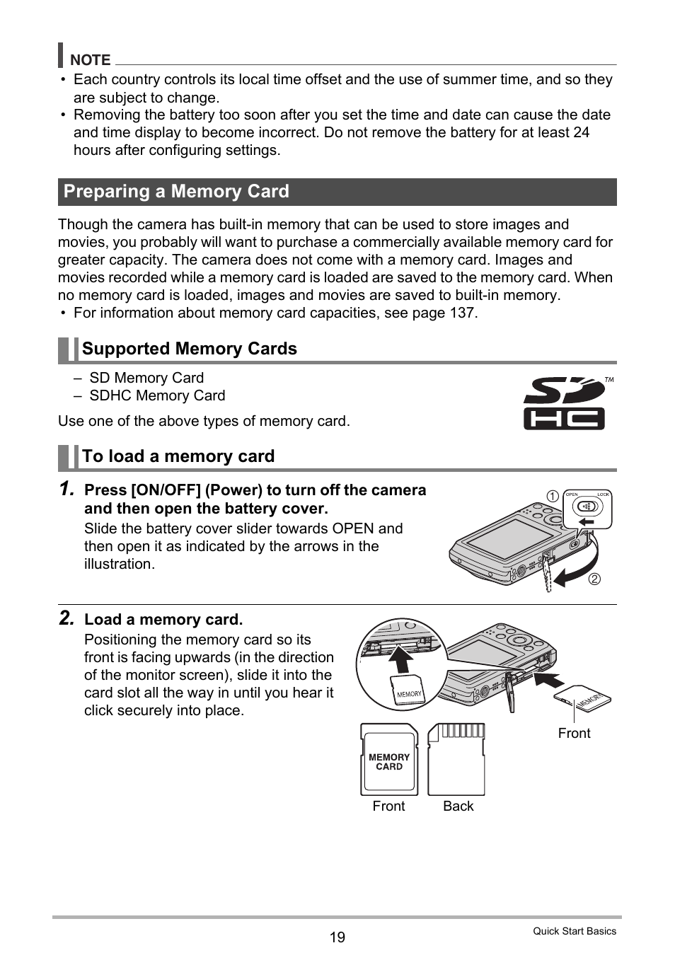 Preparing a memory card, Supported memory cards, To load a memory card | Casio EXILIM EX-Z35 User Manual | Page 19 / 143