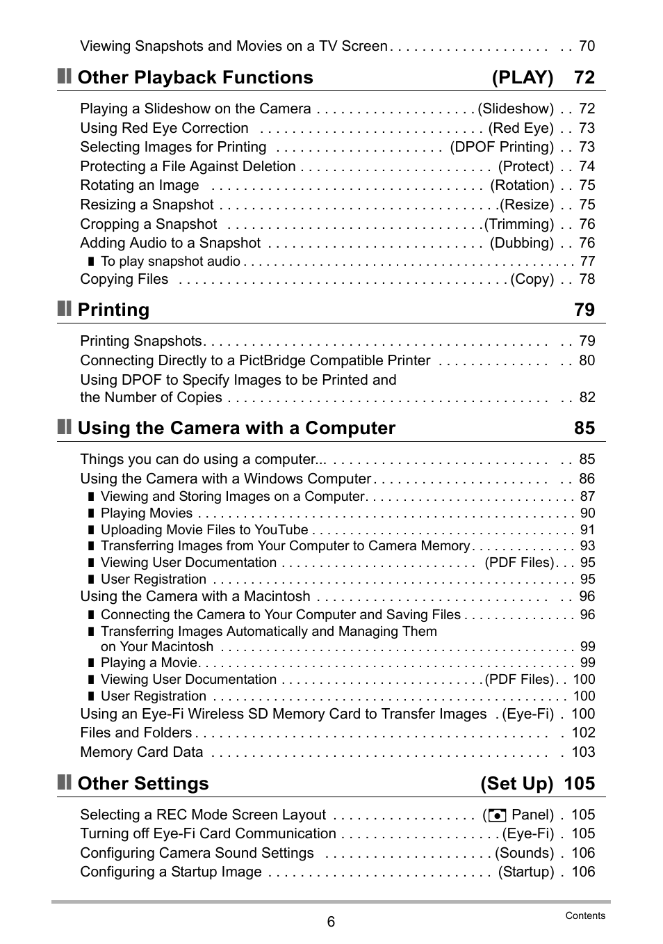 Other playback functions (play) 72, Printing 79, Using the camera with a computer 85 | Other settings (set up) 105 | Casio EXILIM EX-Z35 User Manual | Page 6 / 143