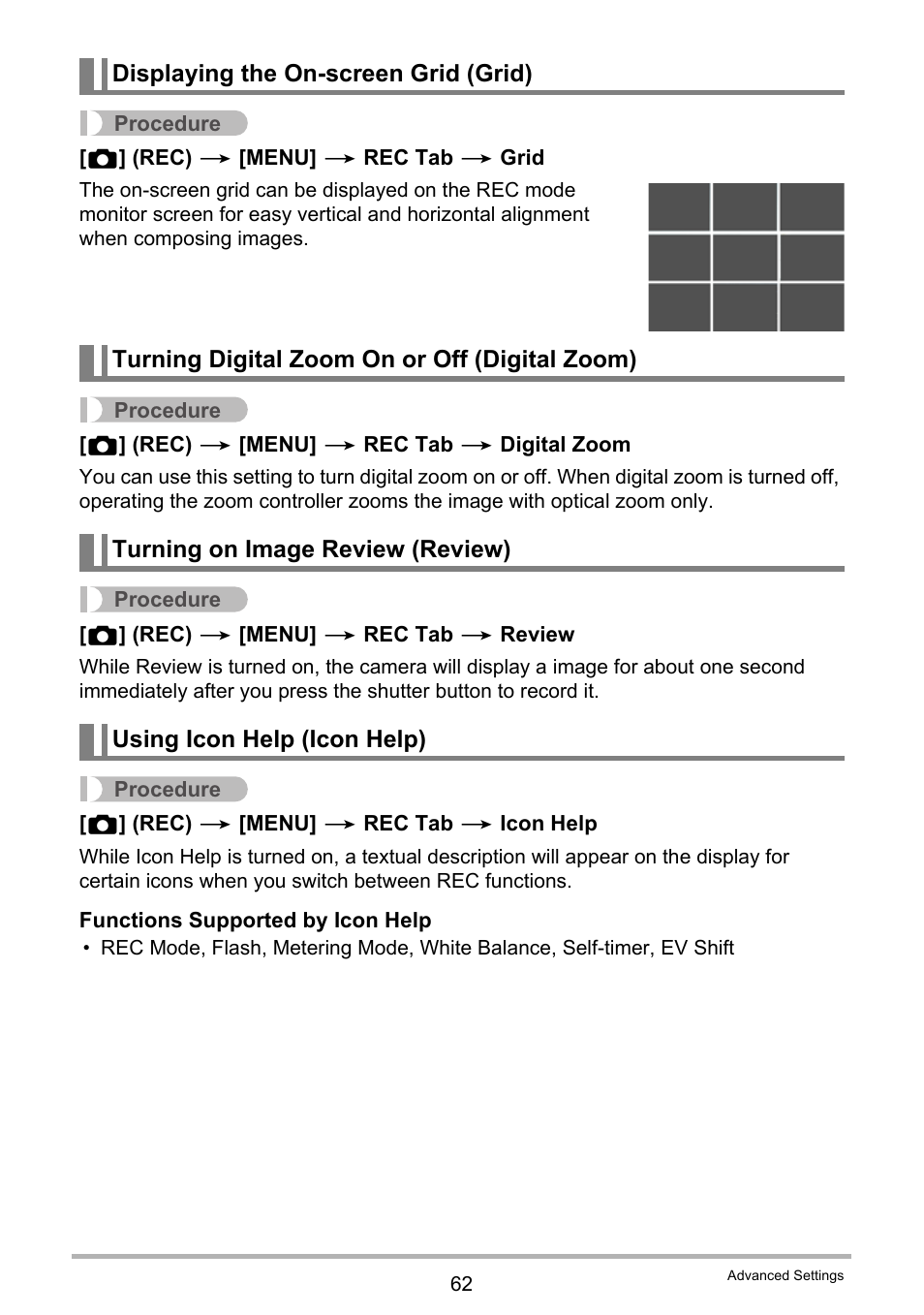 Displaying the on-screen grid (grid), Turning digital zoom on or off (digital zoom), Turning on image review (review) | Using icon help (icon help) | Casio EXILIM EX-Z35 User Manual | Page 62 / 143