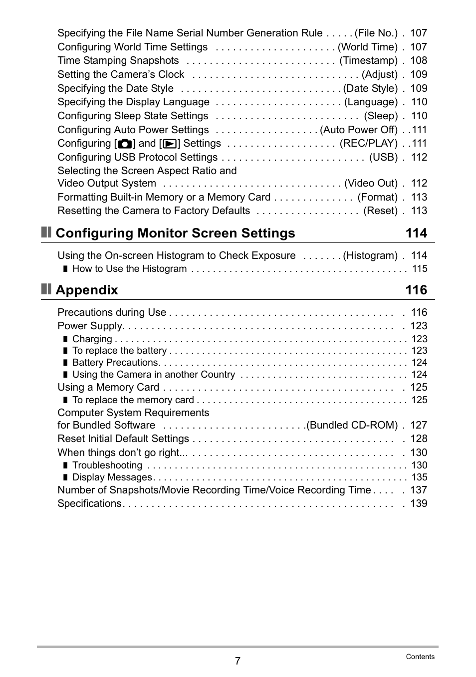 Configuring monitor screen settings 114, Appendix 116 | Casio EXILIM EX-Z35 User Manual | Page 7 / 143