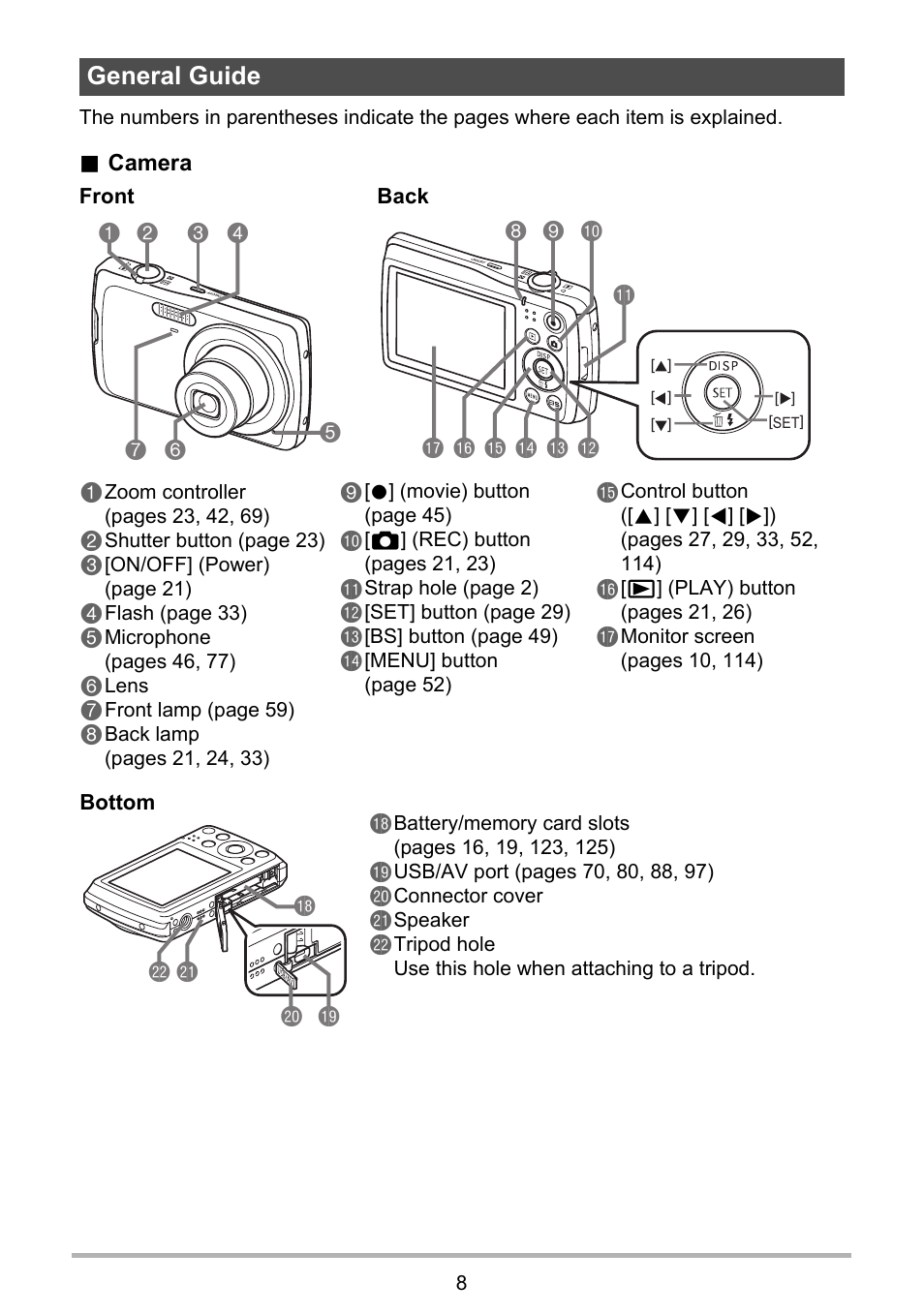 General guide, Bk bn 8 9 bl bm bp bq br bo, Bs cl cm ck bt | Casio EXILIM EX-Z35 User Manual | Page 8 / 143