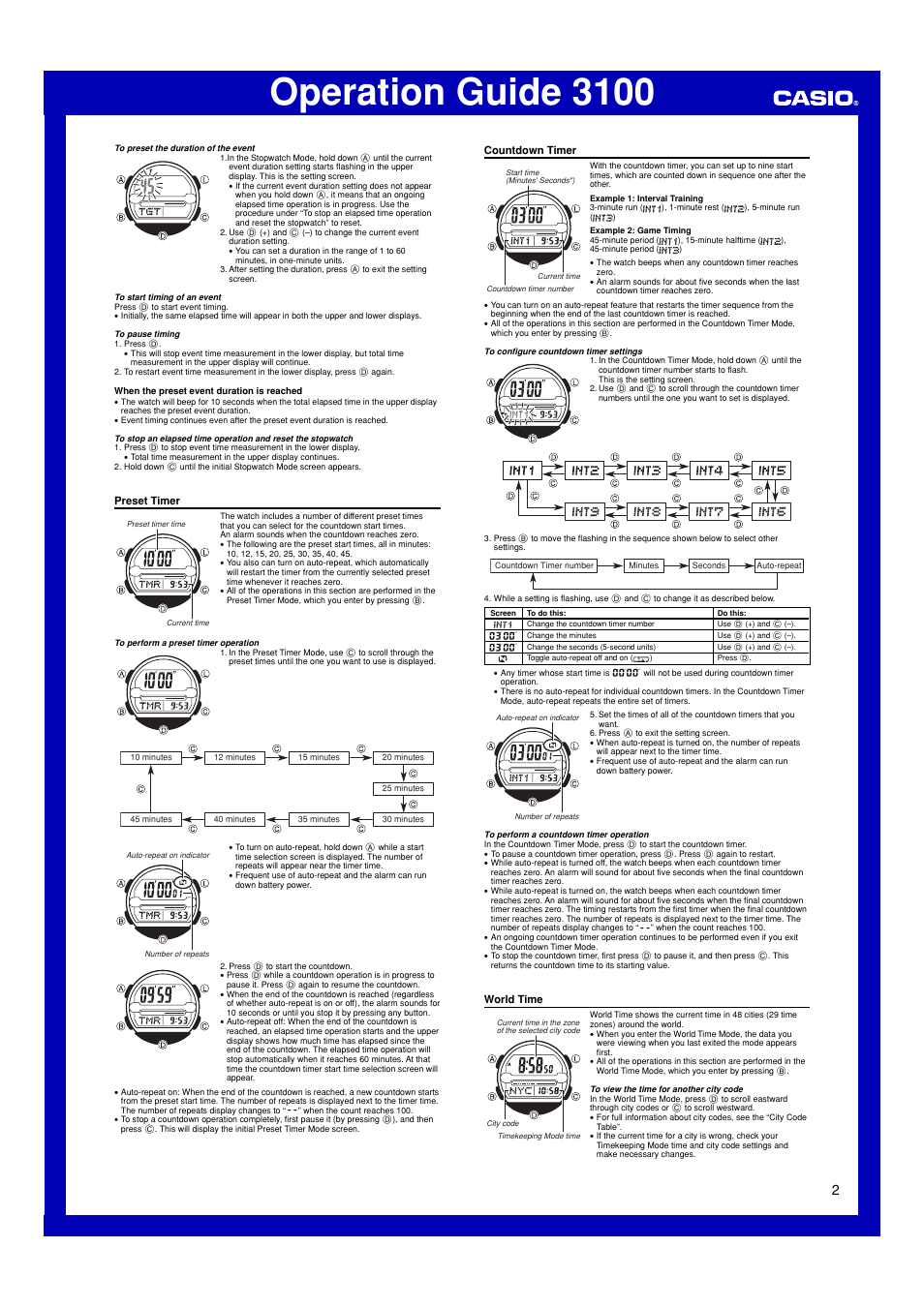 Preset timer, Countdown timer, World time | Operation guide 3100 | Casio 3100 User Manual | Page 2 / 3