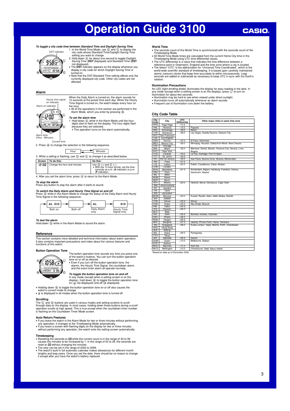 Alarm, Reference, City code table | Operation guide 3100 | Casio 3100 User Manual | Page 3 / 3
