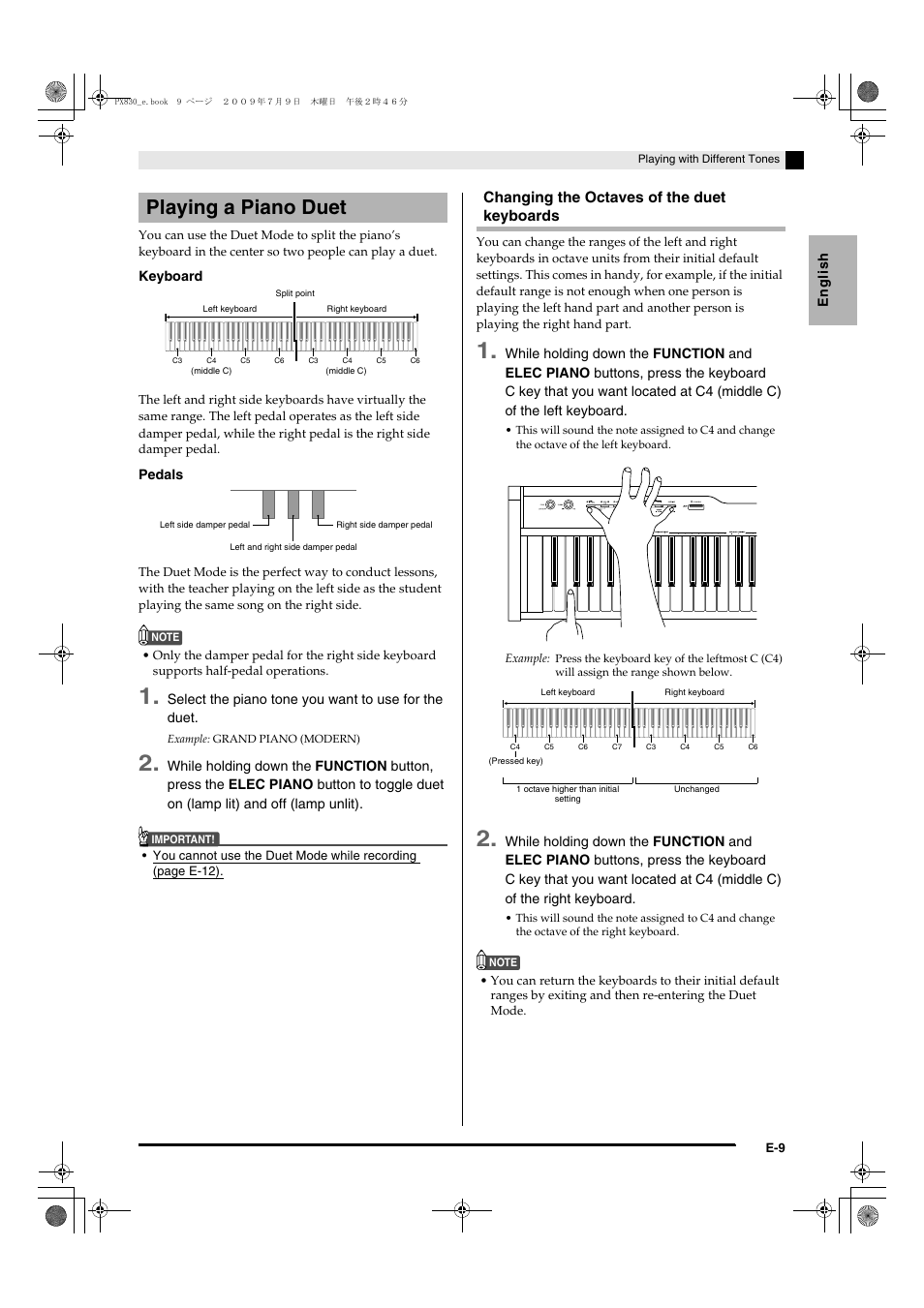 Playing a piano duet, Changing the octaves of the duet keyboards | Casio PX830ES1B User Manual | Page 11 / 47