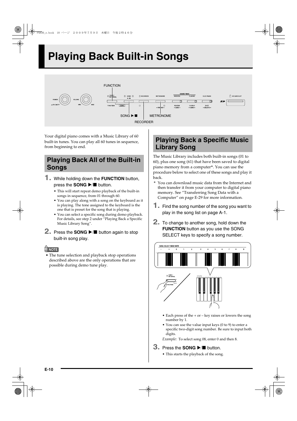 Playing back built-in songs | Casio PX830ES1B User Manual | Page 12 / 47