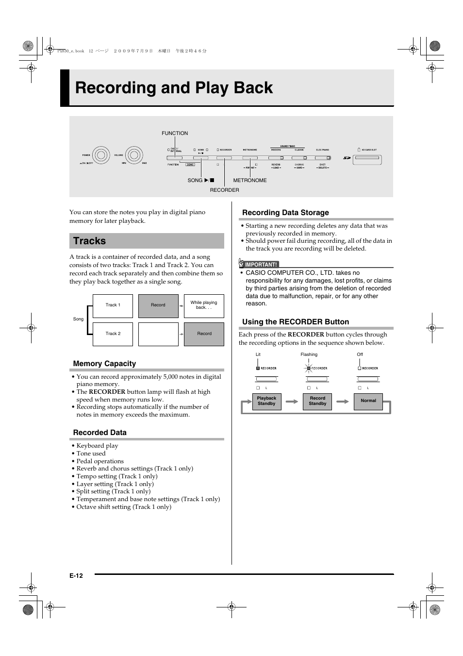 Recording and play back, Tracks | Casio PX830ES1B User Manual | Page 14 / 47