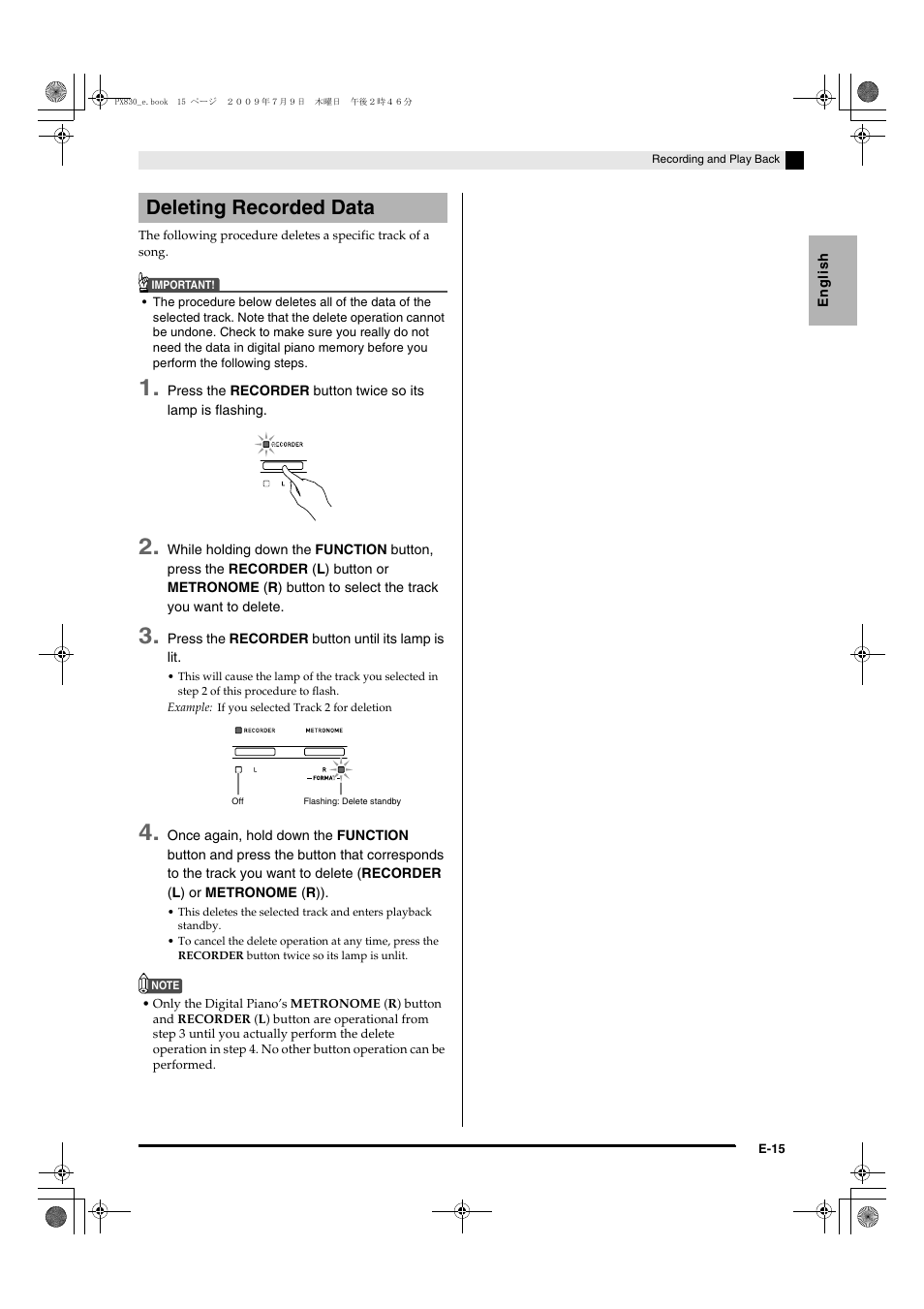 Deleting recorded data | Casio PX830ES1B User Manual | Page 17 / 47