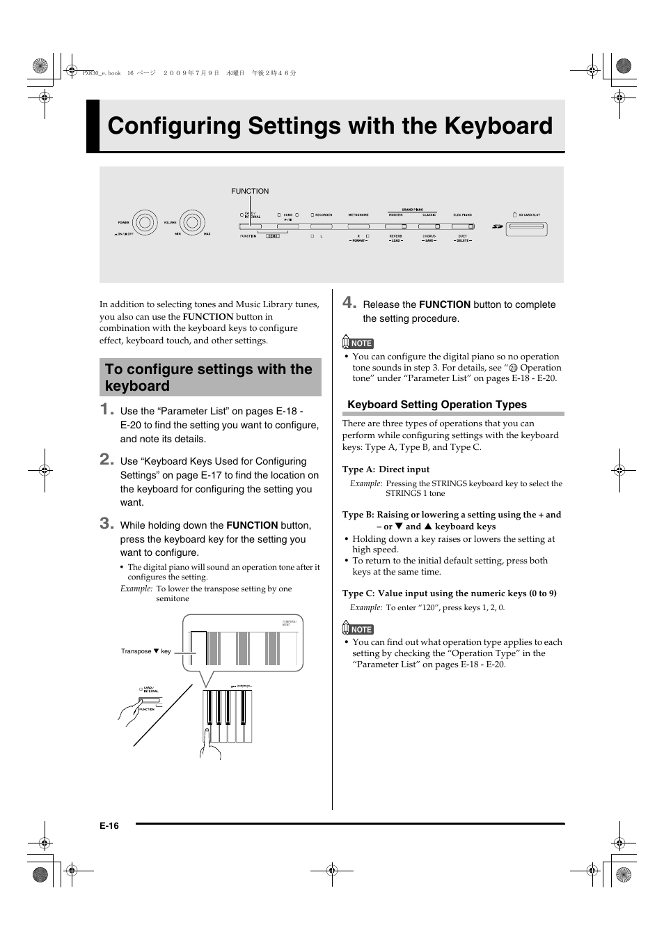 Configuring settings with the keyboard | Casio PX830ES1B User Manual | Page 18 / 47