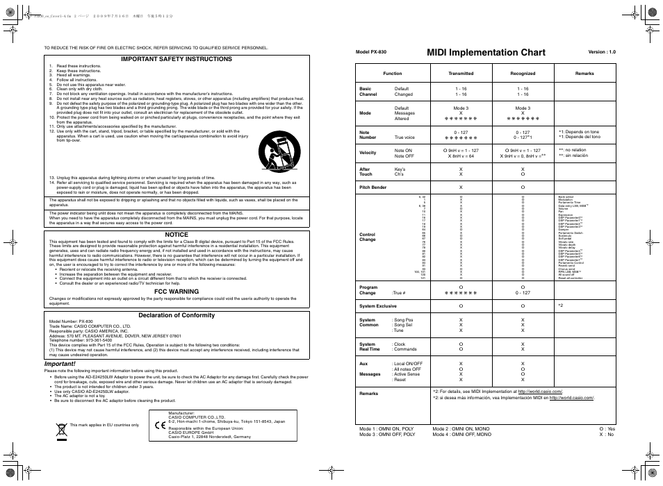 Midi implementation chart, Important, Important safety instructions | Notice, Fcc warning, Declaration of conformity | Casio PX830ES1B User Manual | Page 2 / 47