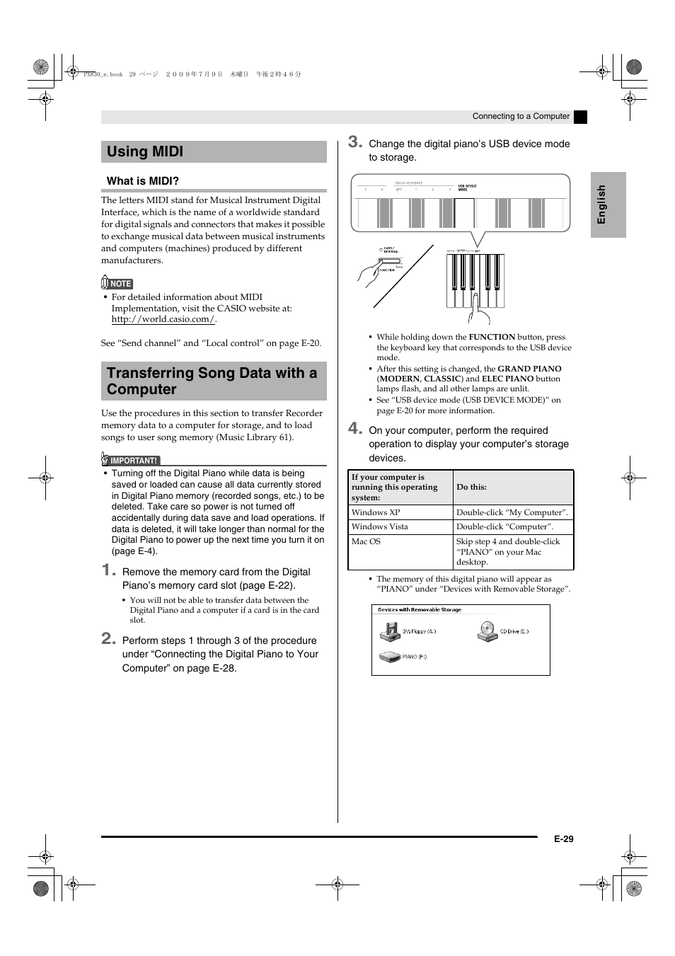 Using midi transferring song data with a computer | Casio PX830ES1B User Manual | Page 31 / 47