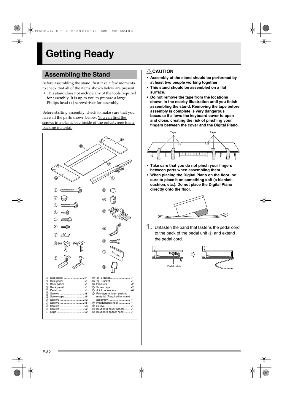Getting ready, Assembling the stand | Casio PX830ES1B User Manual | Page 34 / 47