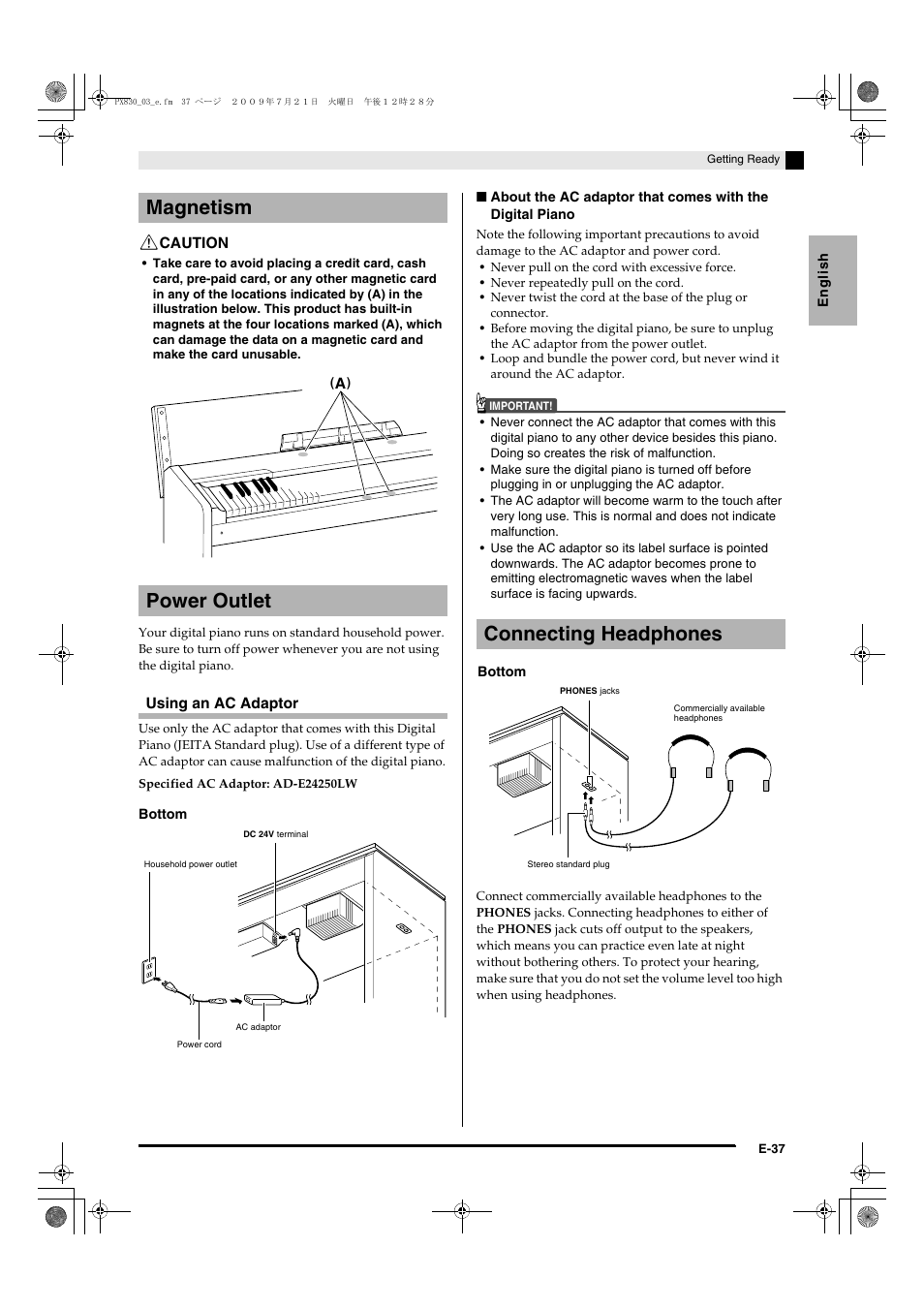 Magnetism power outlet, Connecting headphones | Casio PX830ES1B User Manual | Page 39 / 47