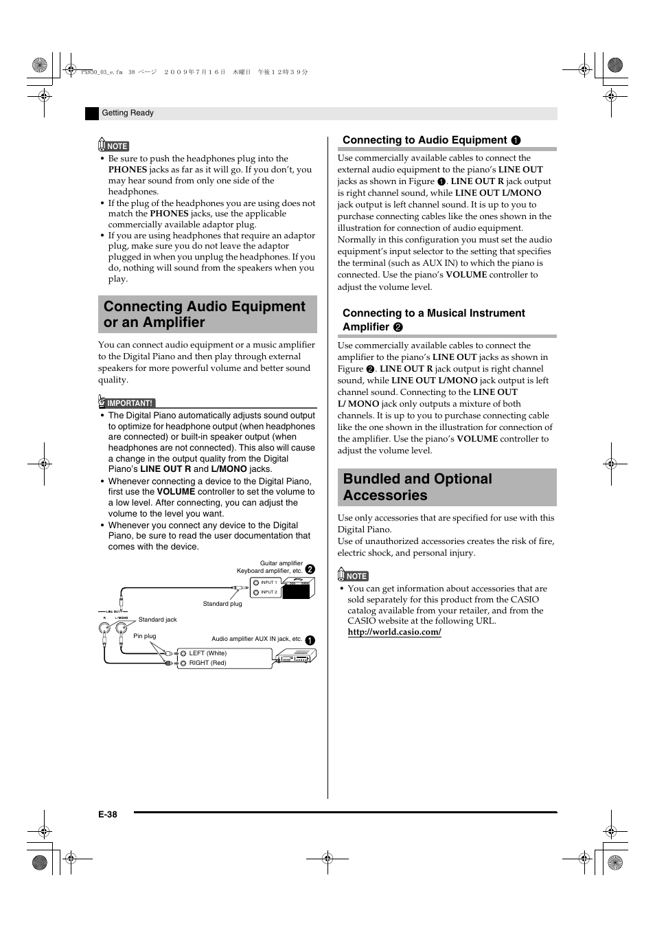 Connecting audio equipment or an amplifier, Bundled and optional accessories | Casio PX830ES1B User Manual | Page 40 / 47