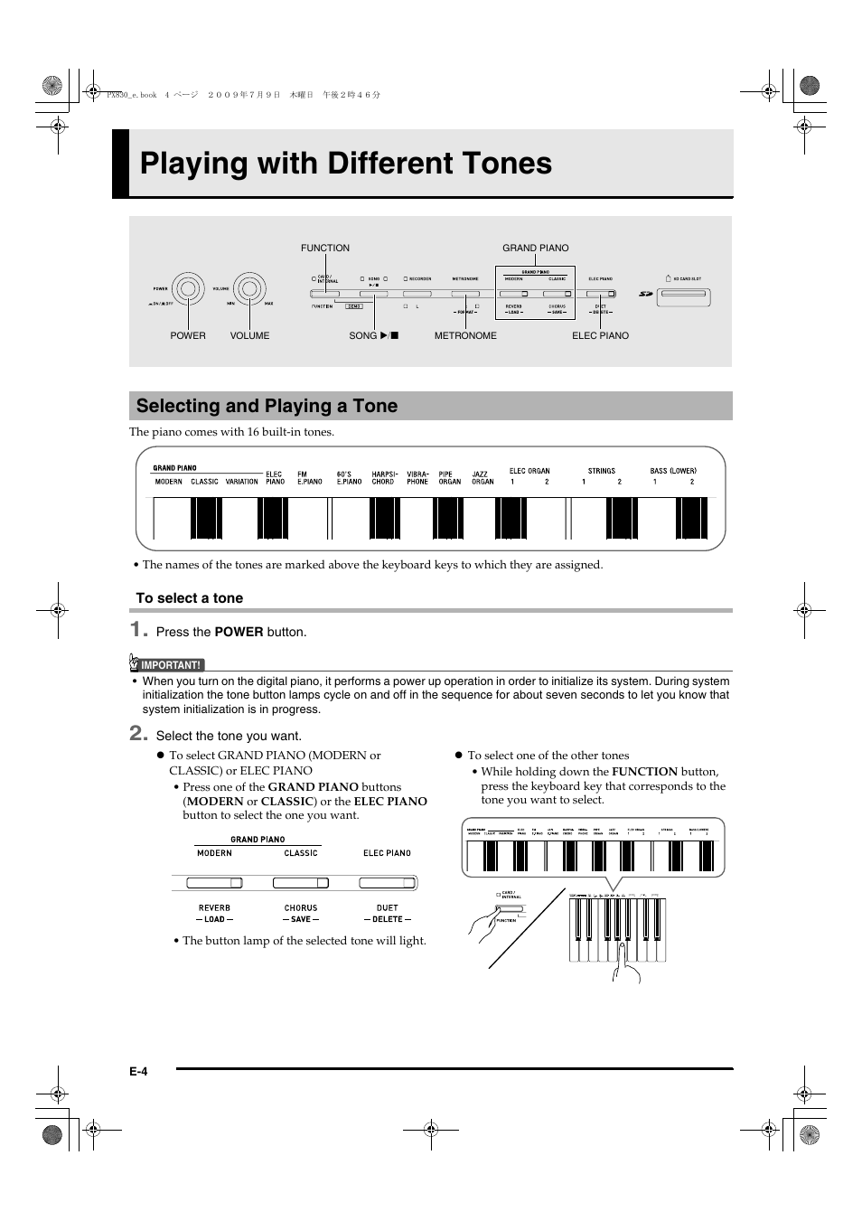 Playing with different tones, Selecting and playing a tone | Casio PX830ES1B User Manual | Page 6 / 47