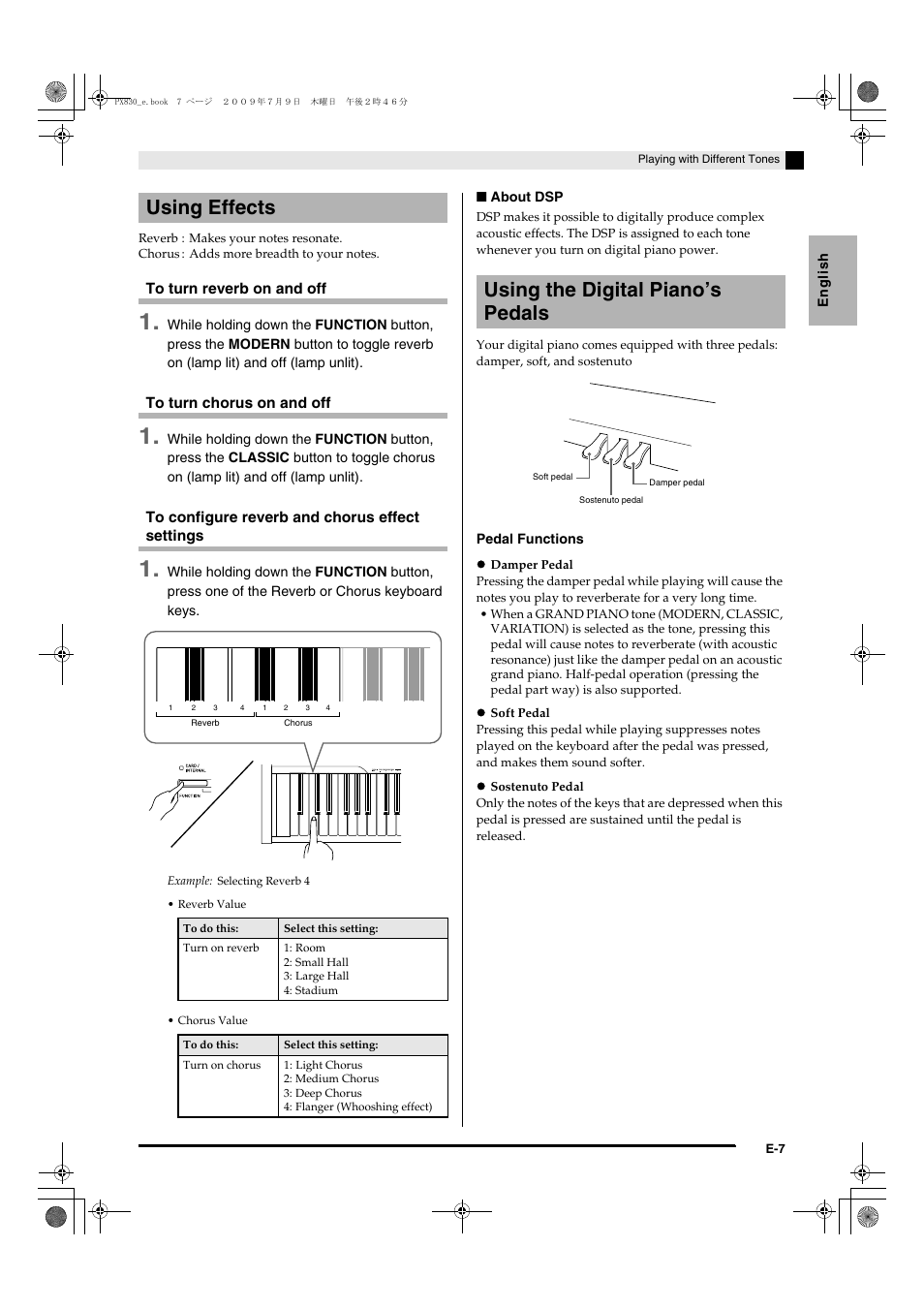 Using effects, Using the digital piano’s pedals | Casio PX830ES1B User Manual | Page 9 / 47