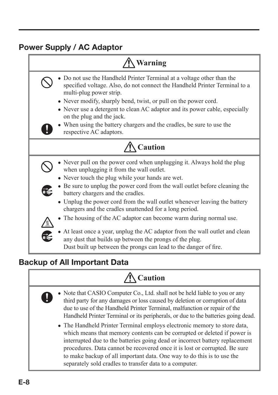 Power supply / ac adaptor warning, Caution, Backup of all important data caution | Casio IT-9000 User Manual | Page 10 / 86