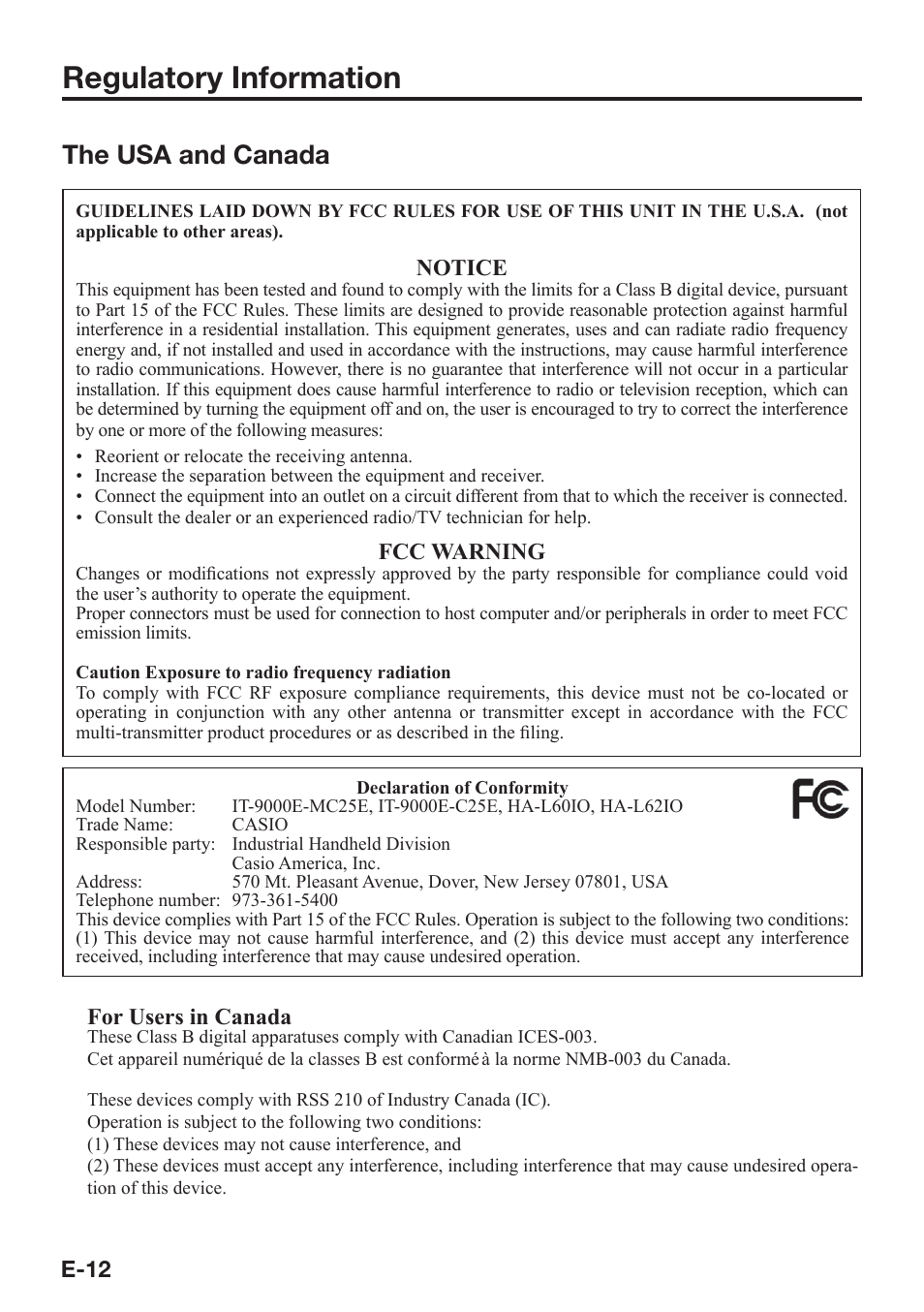 Regulatory information, The usa and canada | Casio IT-9000 User Manual | Page 14 / 86