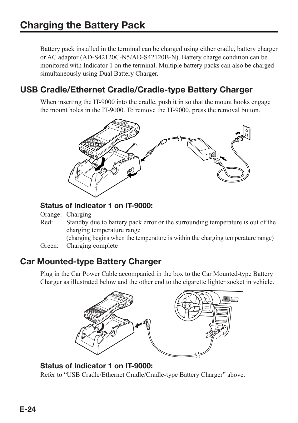 Charging the battery pack, Car mounted-type battery charger | Casio IT-9000 User Manual | Page 26 / 86