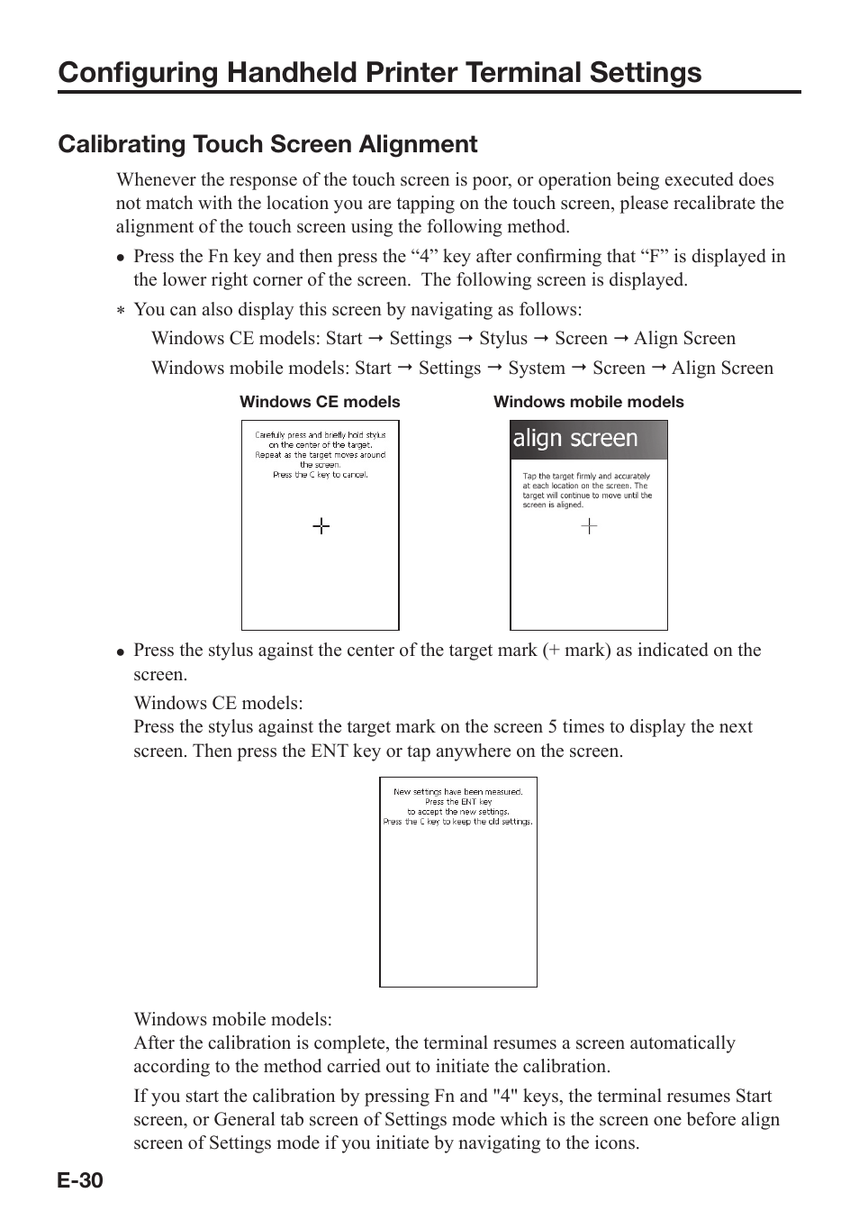 Confi guring handheld printer terminal settings, Calibrating touch screen alignment | Casio IT-9000 User Manual | Page 32 / 86