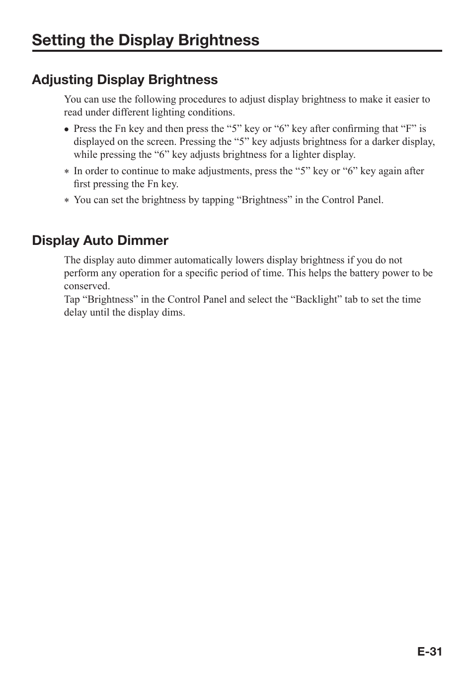 Setting the display brightness, Adjusting display brightness, Display auto dimmer | Casio IT-9000 User Manual | Page 33 / 86