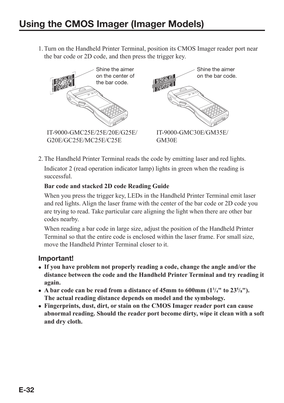 Using the cmos imager (imager models) | Casio IT-9000 User Manual | Page 34 / 86