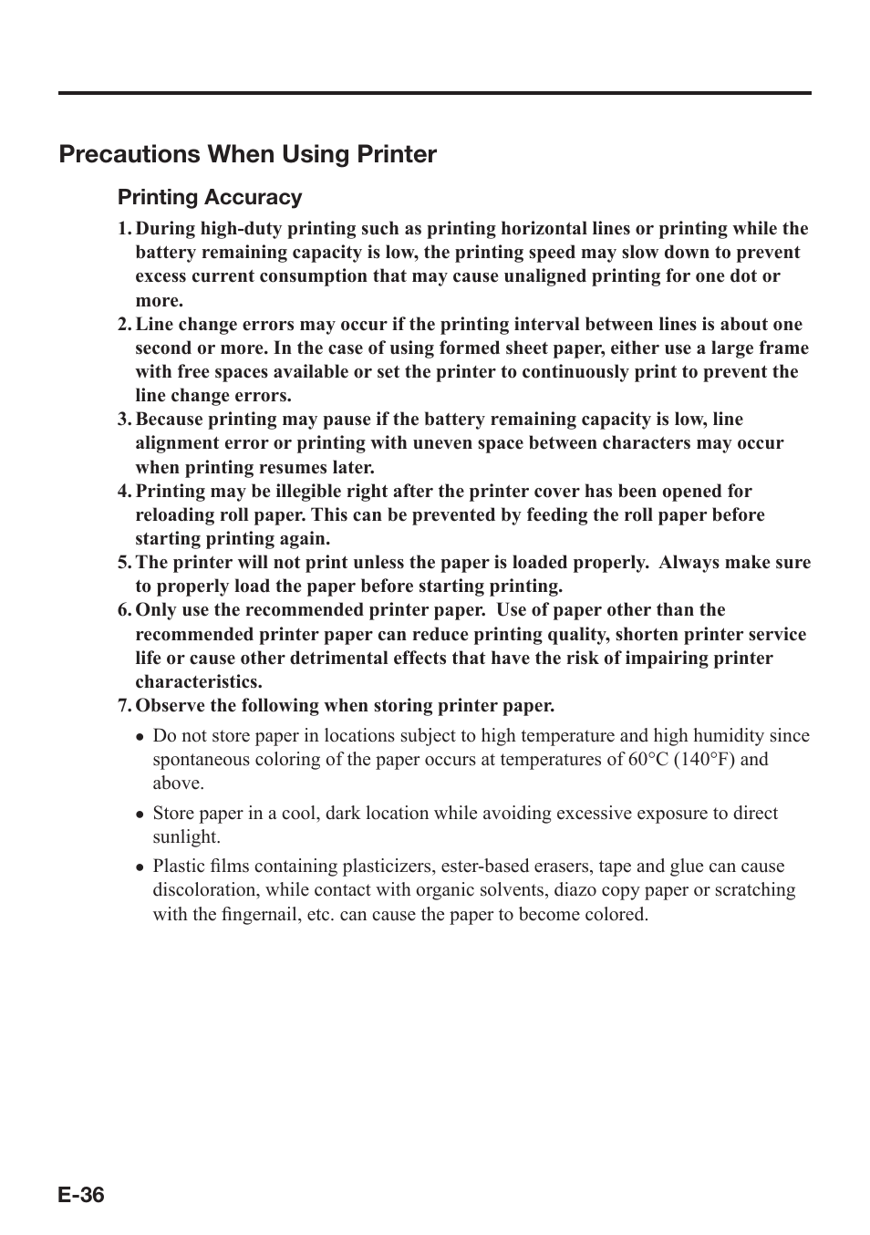 Precautions when using printer | Casio IT-9000 User Manual | Page 38 / 86